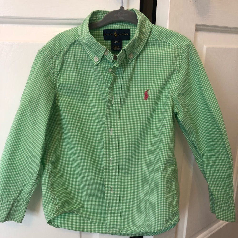 Ralph Lauren long sleeve polo boys 4t green and white seersucker.